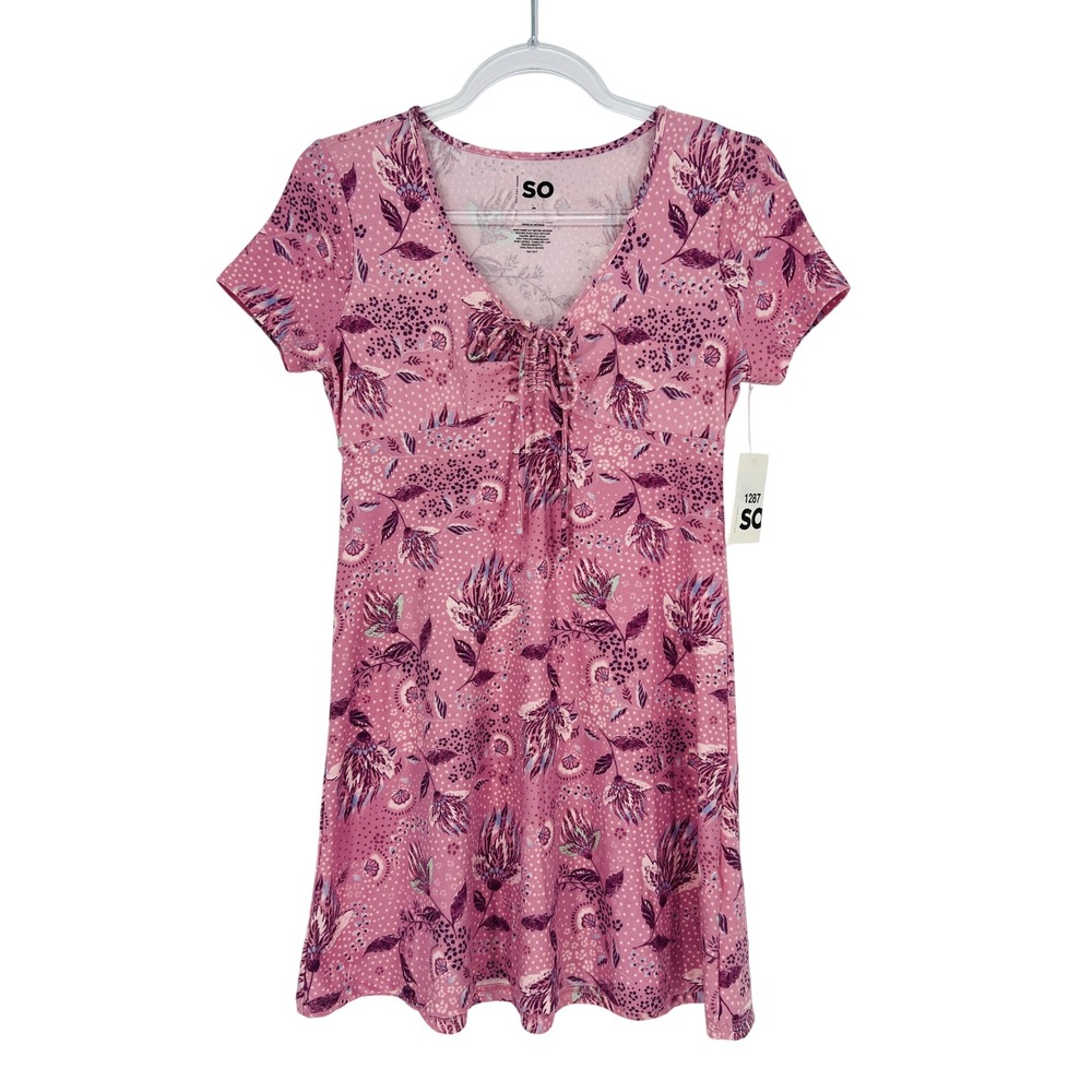 SO‎ Juniors Cinch Front Peasant Dress Purple Pink Floral Print Small NWT